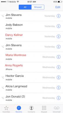Call history displayed on an iPhone in the phone app.
