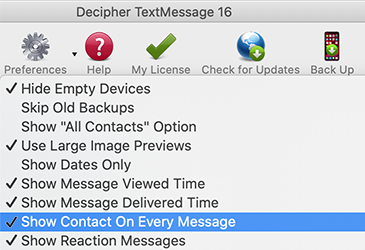 Show Contact on Every Message option in Decipher TextMessage