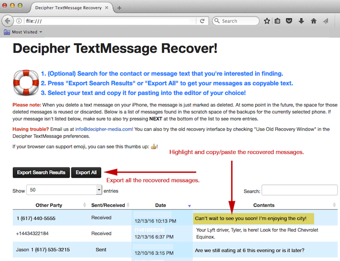 Recovering deleted iPhone text messages in Decipher TextMessage