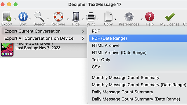Screenshot of how to select Export Current Conversation as PDF with Date Range when you need to save text messages to PC or Mac