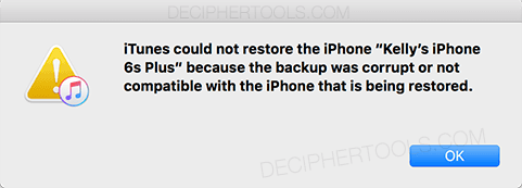 iTunes could not restore the iPhone "Kelly's 5s" because the backup was corrupt or not compatible with the iPhone that is being restored.