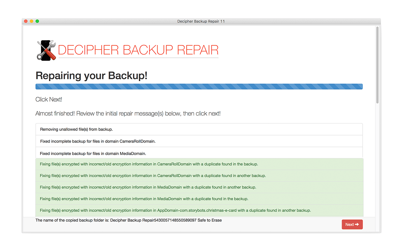 Screenshot showing Decipher Backup Repair fixing the corrupt iTunes backup