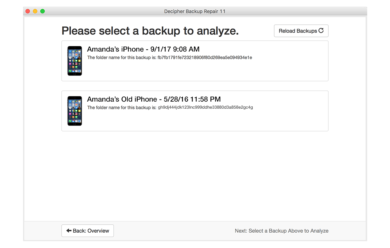 Screenshot showing all iPhone backups to select one to fix.